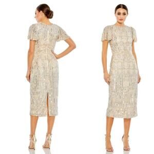 Mac Duggal Nude Silver Embellished Flutter Sleeve High Neck Dress 6